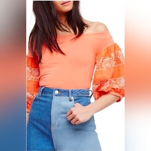 Free People Women’s Rock With It Embroidered Knit Blouse Hot Coral XS